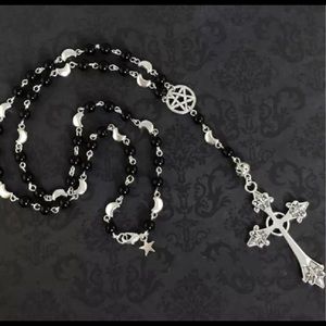 Black rosary pentagram crescent moon star cross witch witches new Woman necklace